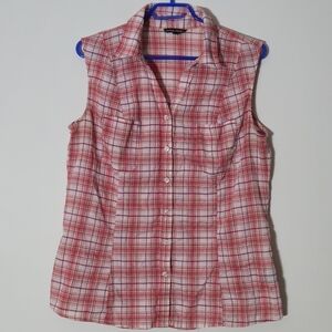 ​George Coastal Cowgirl Pink Orange Plaid Sleeveless Button Down Shirt XL Top